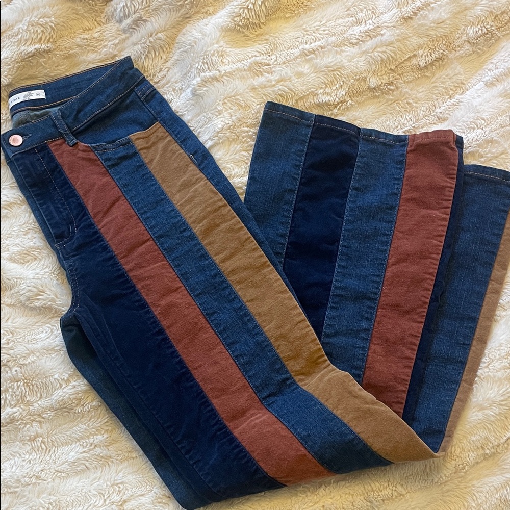 Altar'd State Striped Panel Flare Jeans in Navy, Rust & Tan